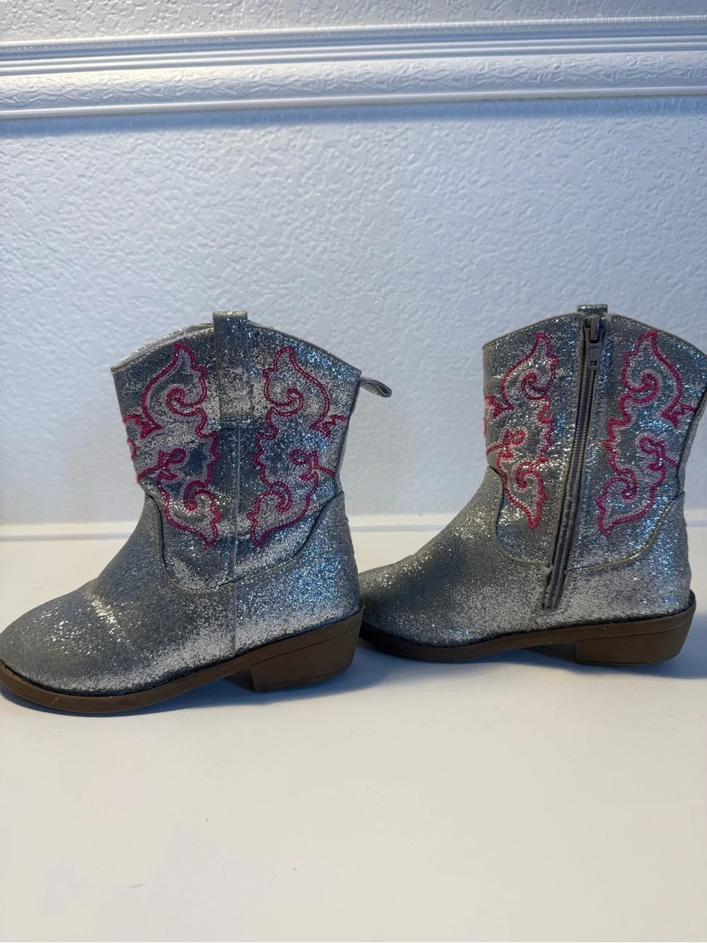 PAWZ Silver Glitter Girls Cowboy Boots with Pink Embroidery